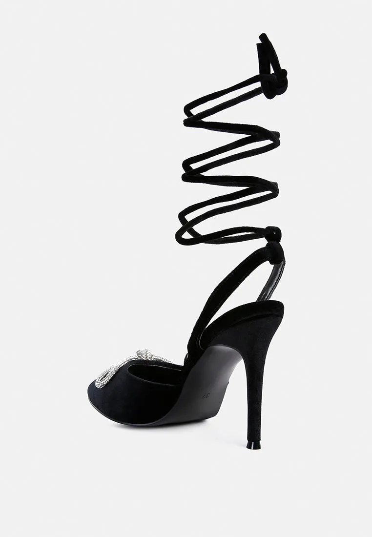 Rhinestone embellished lace up pumps