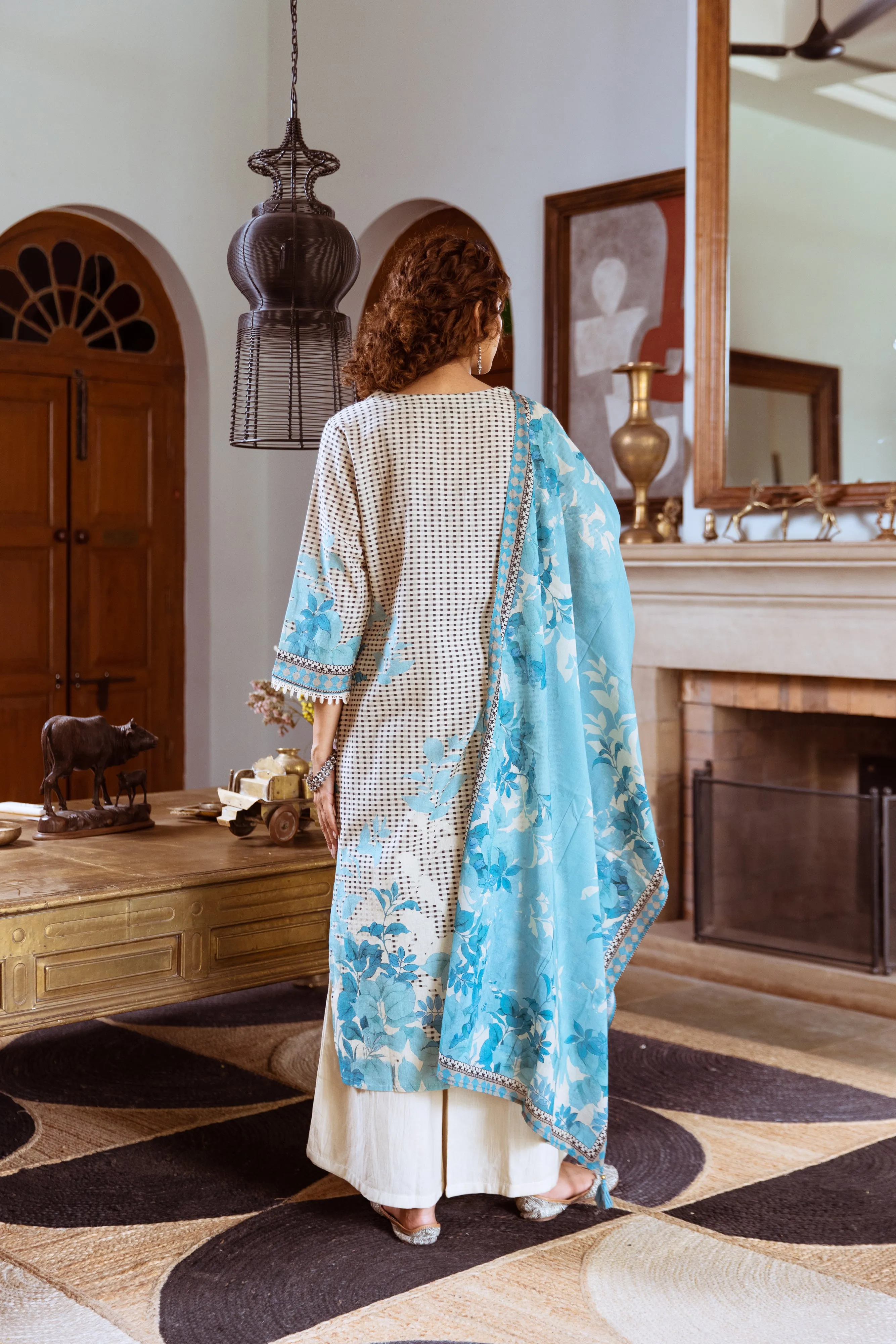 Women's Beige::Blue Cotton Kurta Palazzo and Dupatta Set