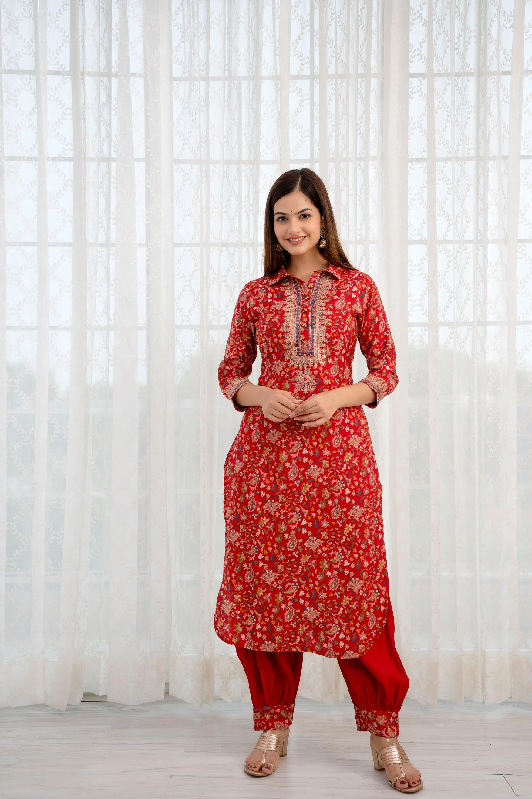 Women's Muslin Red Straight Kurta & Afghani Salwar Set