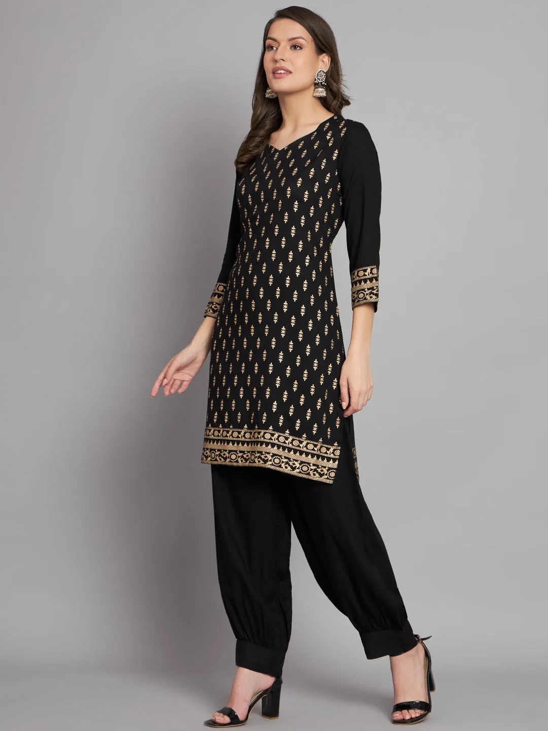 Women's Rayon Black Straight Kurta Afgani Salwar with Dupatta